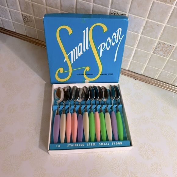 Vintage Small Spoons set of 12 deadstock stainless steel spoons neon han… - Picture 1 of 5